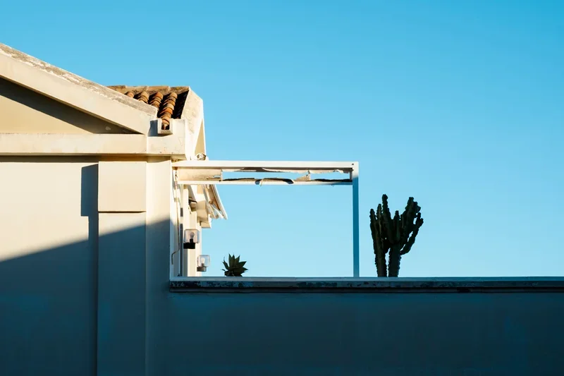Een gebouw met een wit muurtje en een blauw hemel, een cactus en een kleine plant op de rand van het dak.