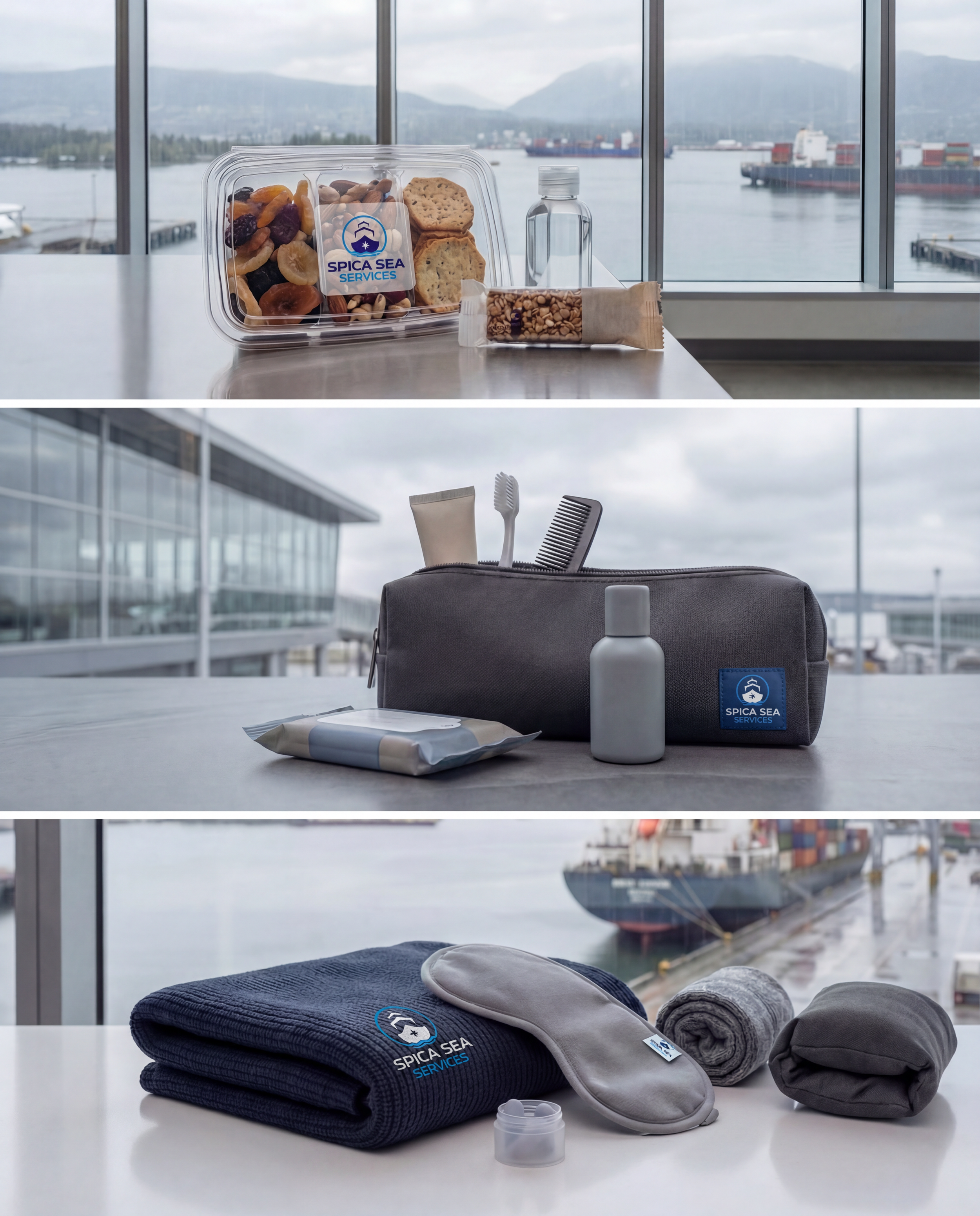 Airplane amenities including snacks, toiletries, towels, slippers, and eye mask arranged on a table with an airport view in the background.