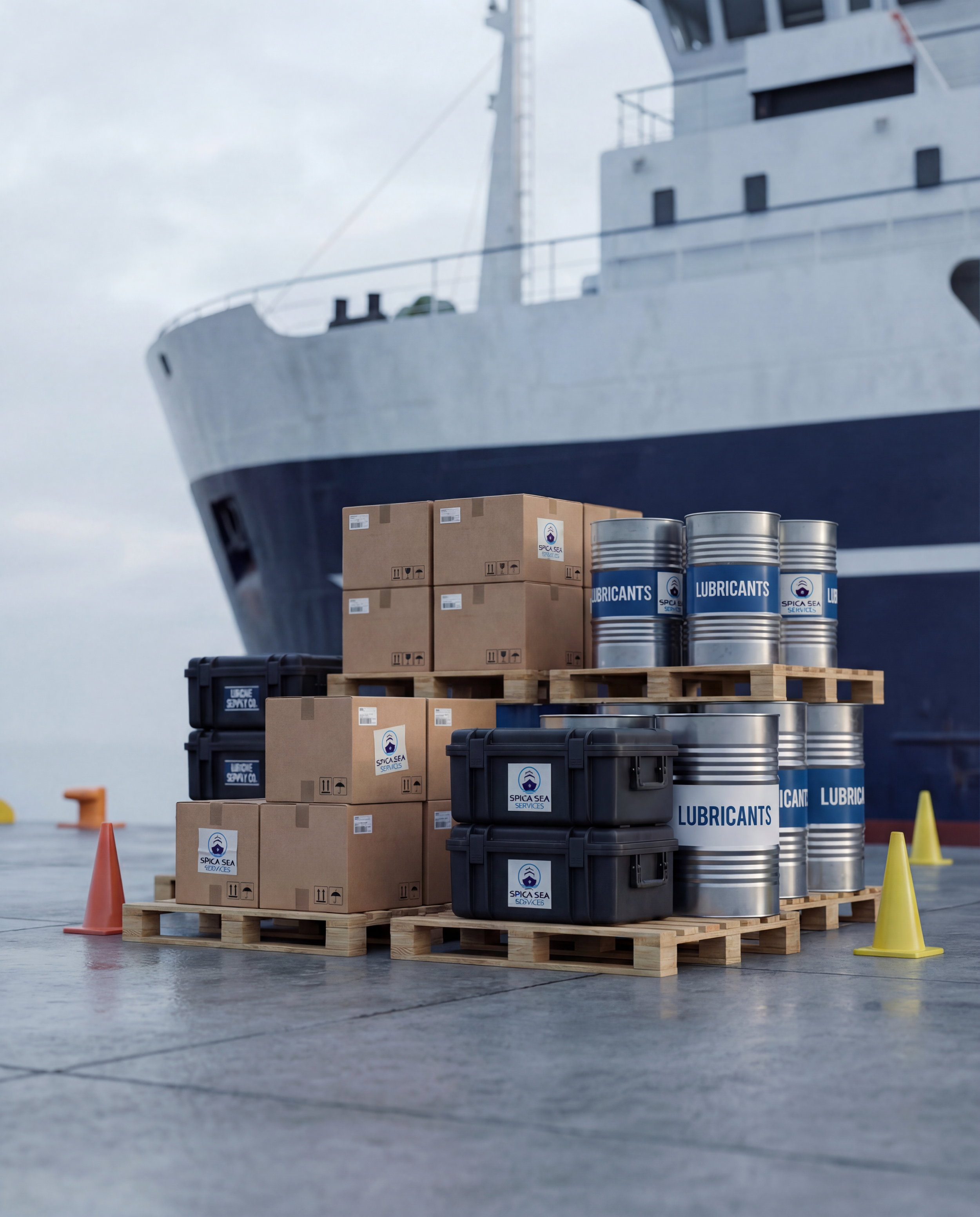 Pallets of boxes, lubricant barrels, and cases labeled 'Spica Sea Services' on a dock with a large ship in the background.