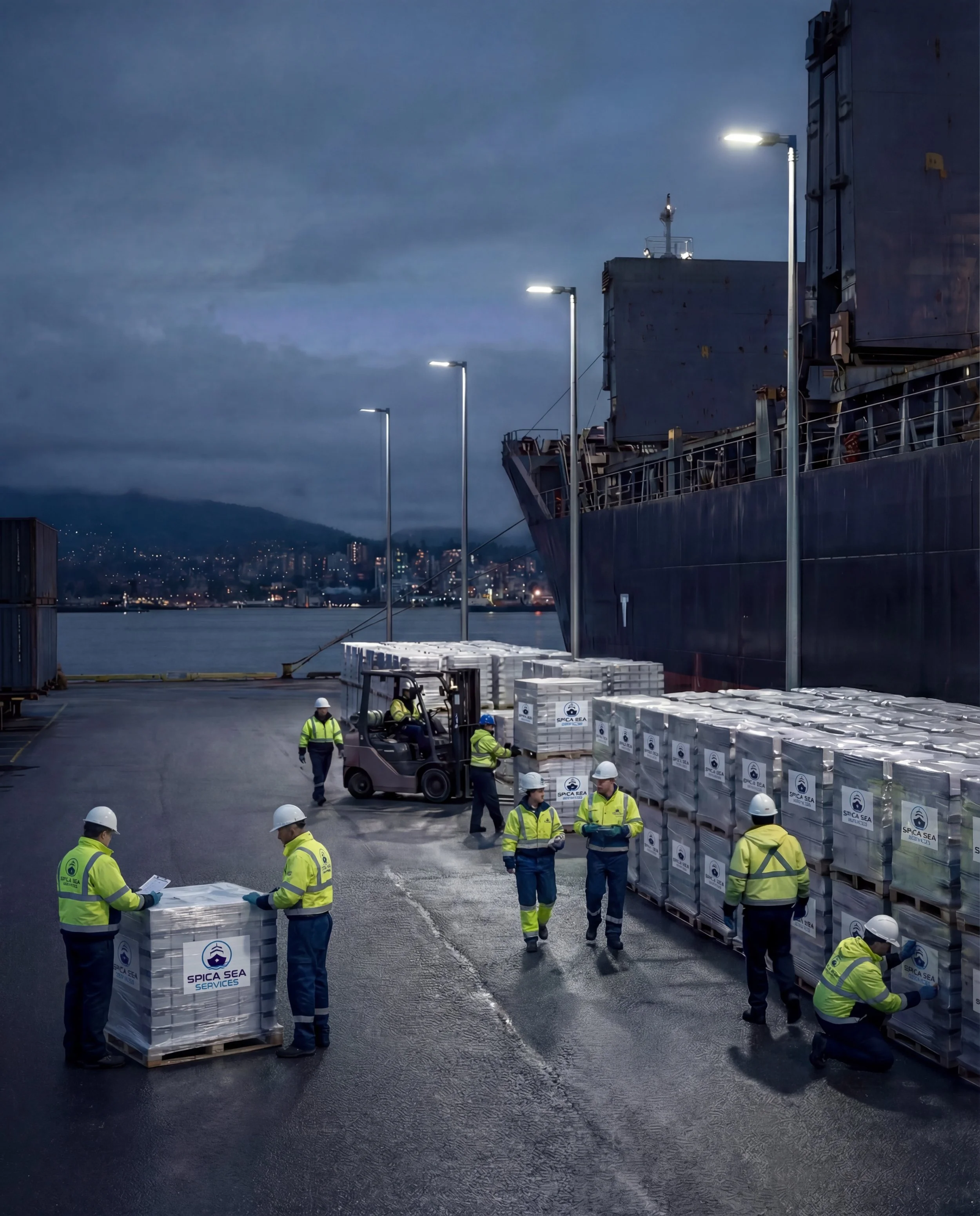Workers in yellow safety vests and white helmets unloading pallets with boxes labeled "SPICA SEA SERVICES" from a boat at a dock during dusk, with city lights and hills in the background.