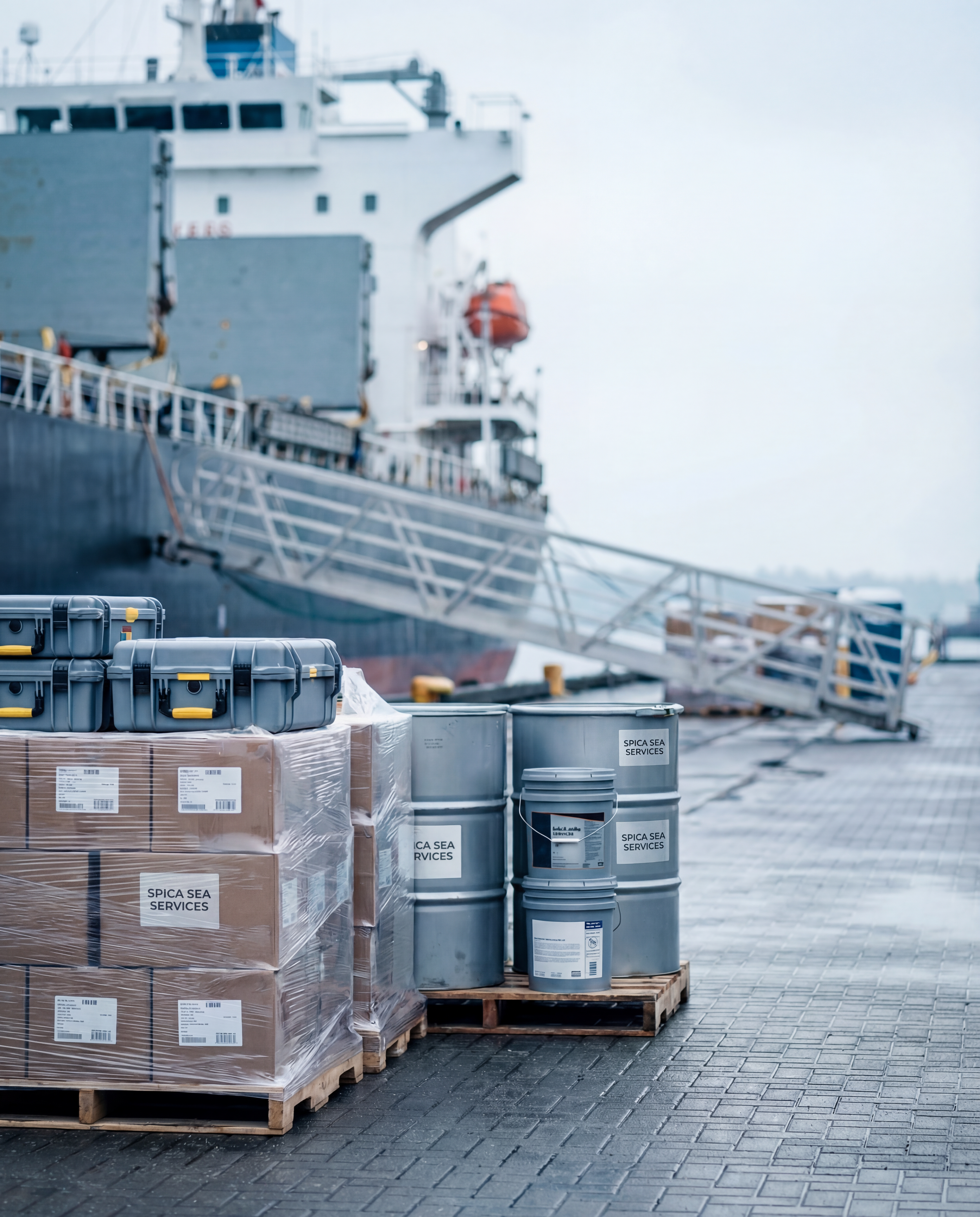 Cargo containers and barrels labeled 'SPICA SEA SERVICES' on a dock, with a large ship in the background.