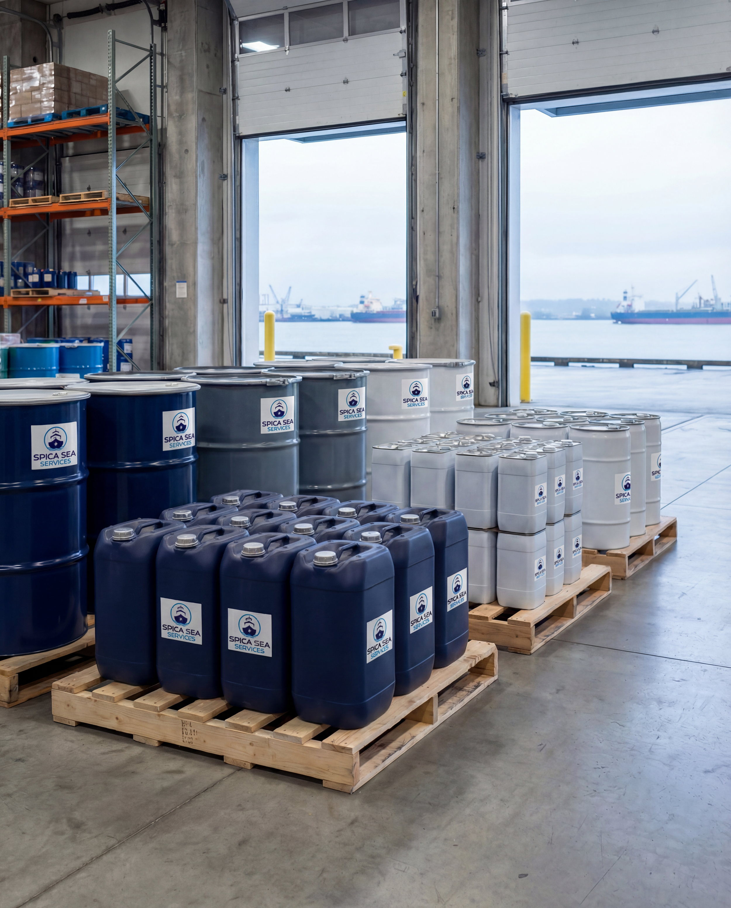 Pallets of blue and white drums with 'Spica Sea Services' labels inside a warehouse near open bay doors, with ships and cranes visible outside.