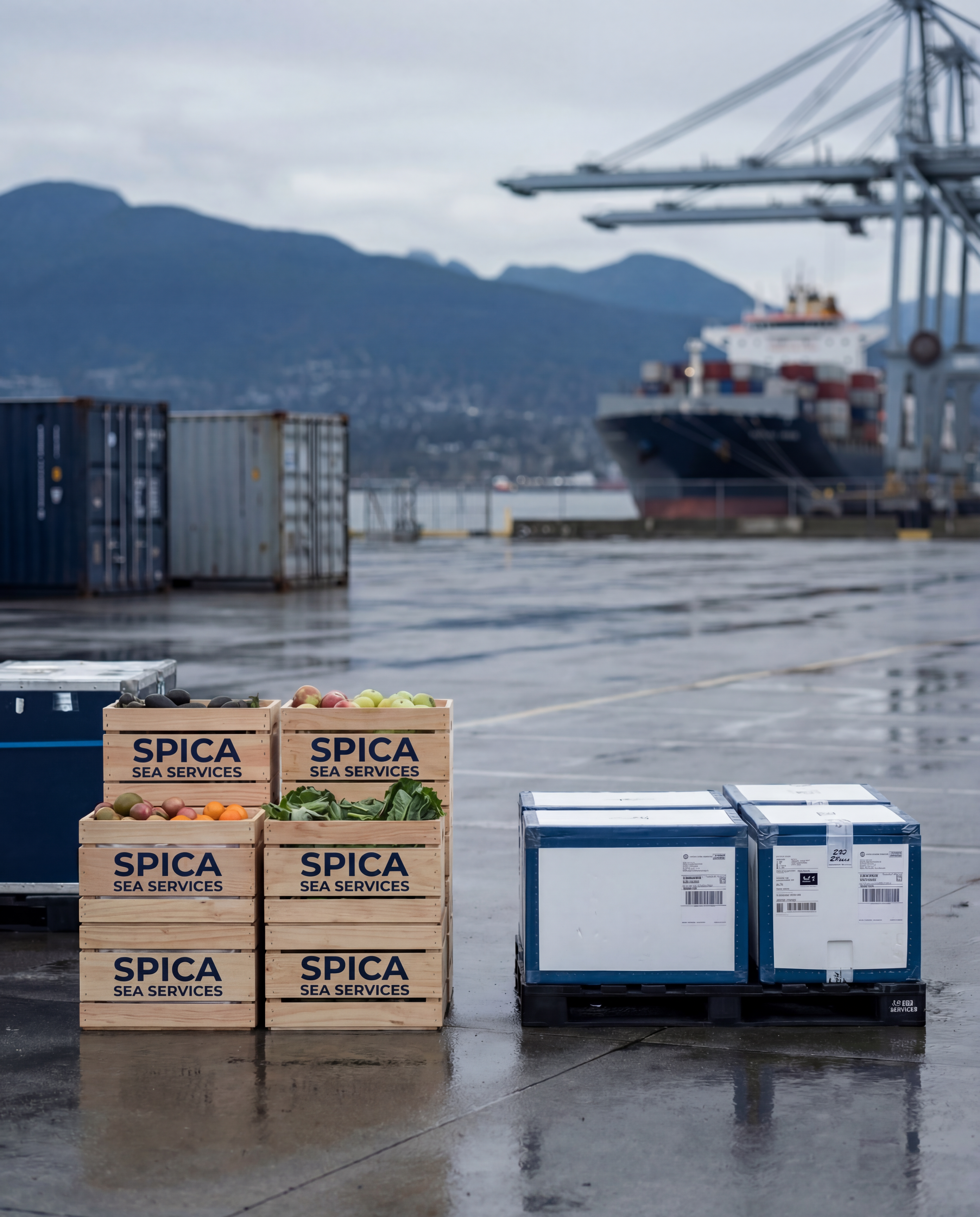 Wooden crates labeled 'SPICA SEA SERVICES' filled with fresh vegetables and fruits, and boxes on a pallet, at a port with a large cargo ship and container cranes in the background.