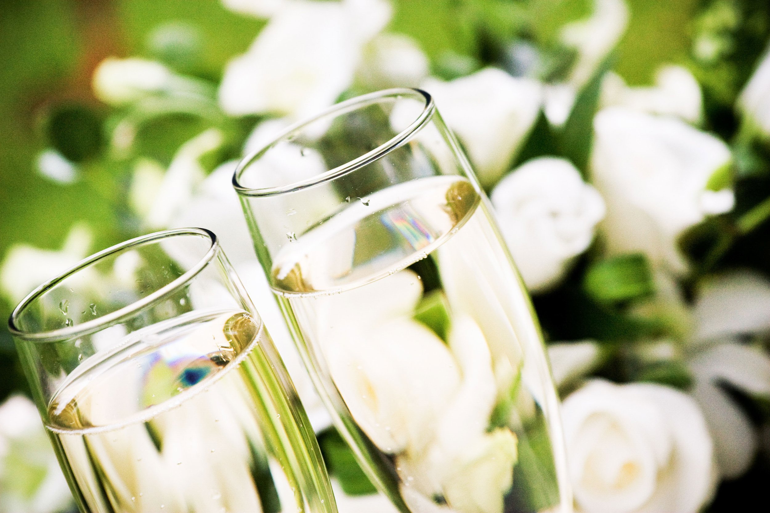 Two champagne flutes filled with champagne, with white flowers in the background.