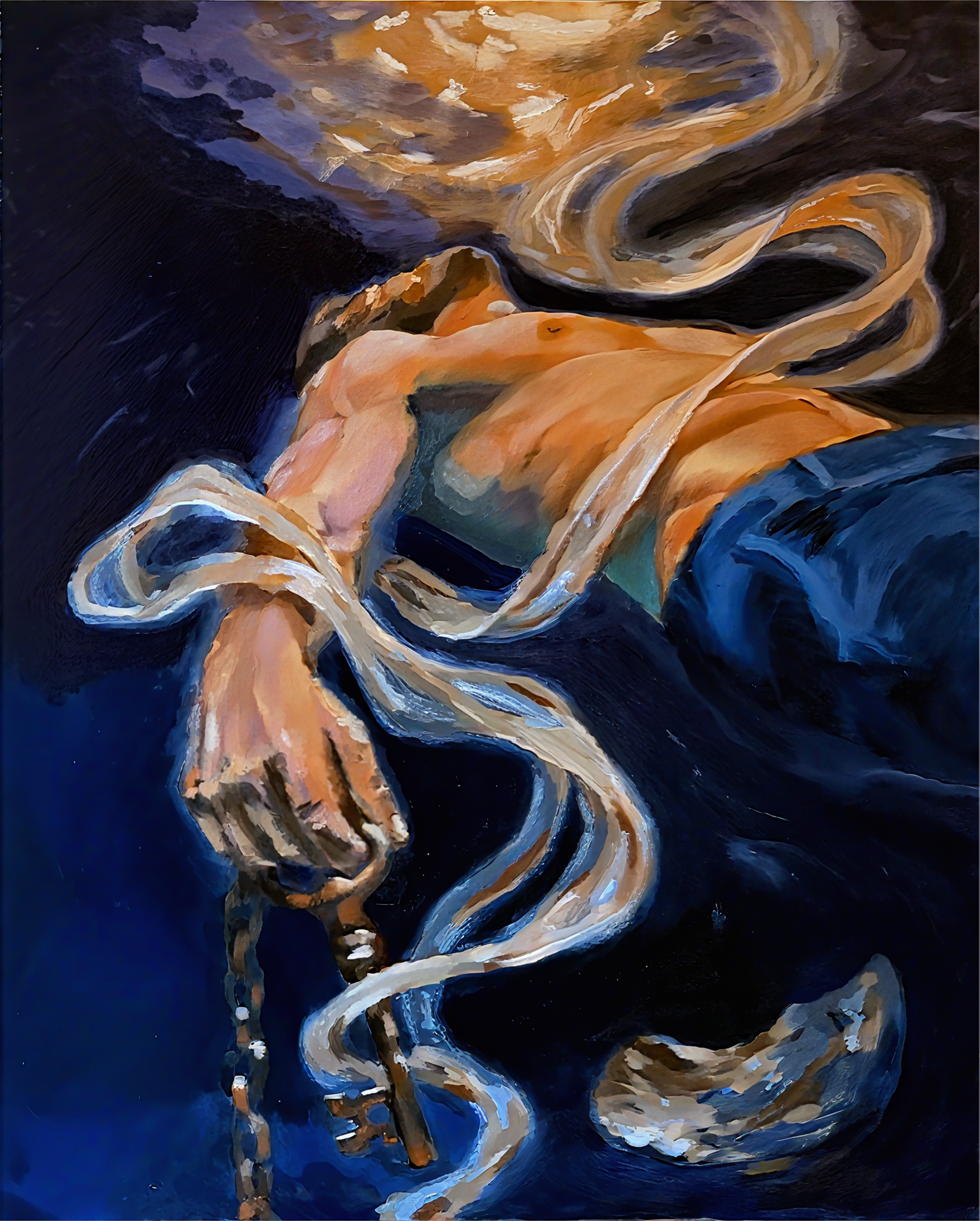 Tiago Caria, The Drowning Heart That Refuses to Sink, 2026, oil on canvas, contemporary figurative oil painting detail of a floating torso and hand suspended in dark blue space, fluid gestures suggesting emotional restraint and tension.