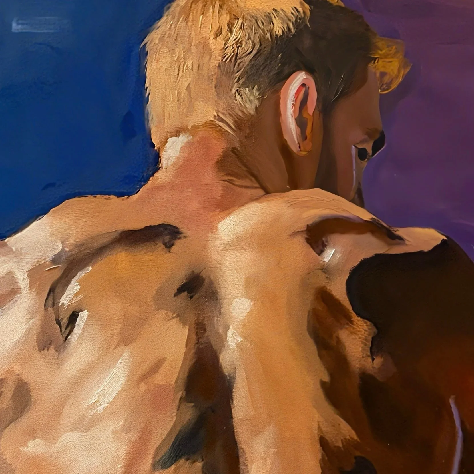 Tiago Caria, Private Eden, 2025, oil on canvas, close-up figurative oil painting detail of a male back and neck, warm flesh tones against blue and purple fields, restrained psychological presence.