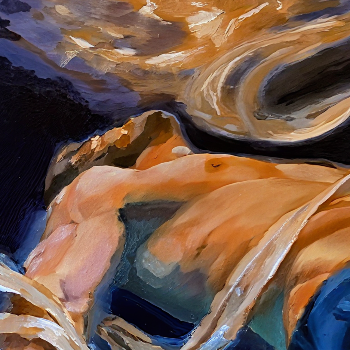 Tiago Caria, The Drowning Heart That Refuses to Sink, 2026, oil on canvas, close-up figurative oil painting of a submerged face in deep blues and ochres, distorted features expressing psychological tension.