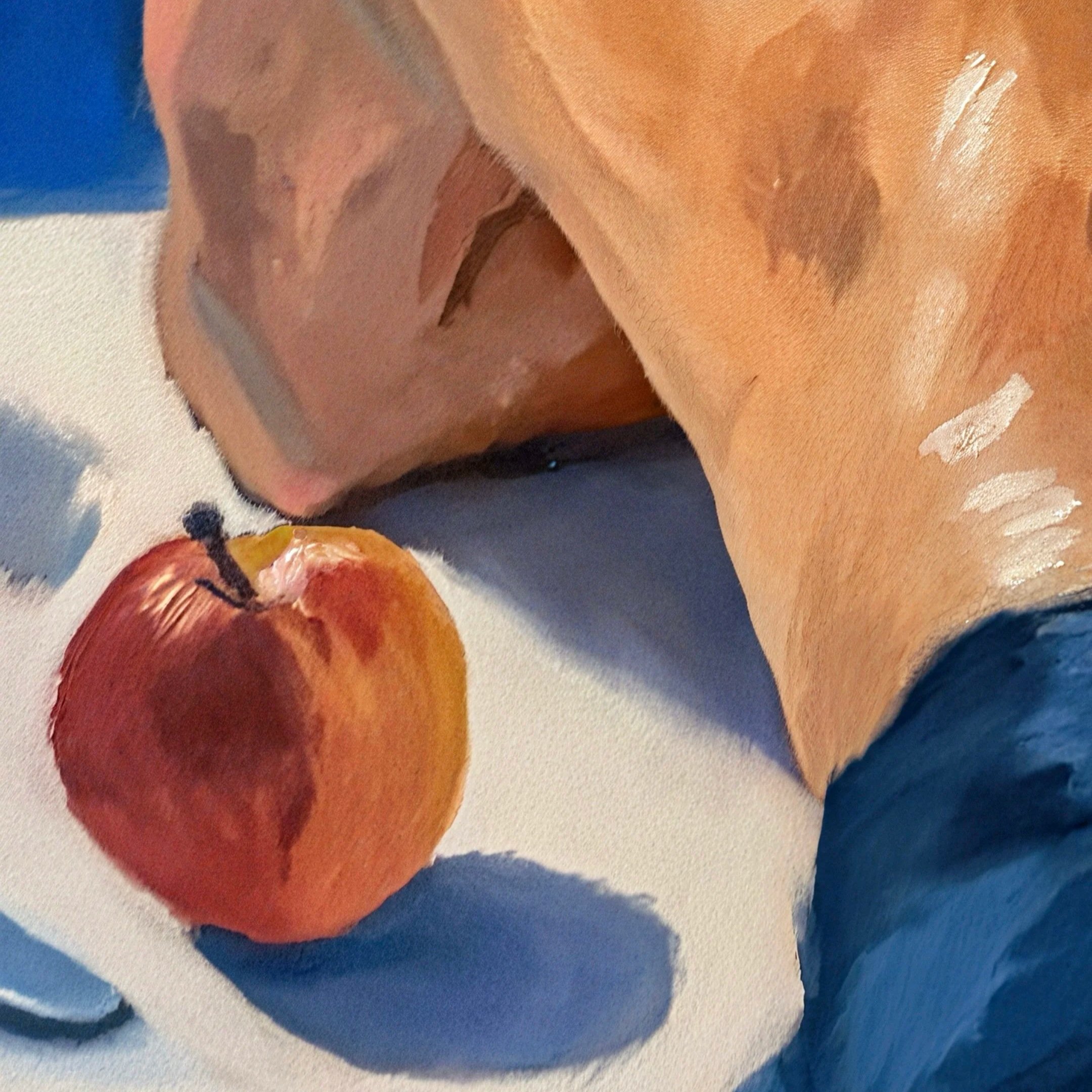 Tiago Caria, Private Eden, 2025, oil on canvas, close-up figurative oil painting detail of an apple beside a reclining torso, sharp shadows and muted light suggesting emotional narrative and tension.
