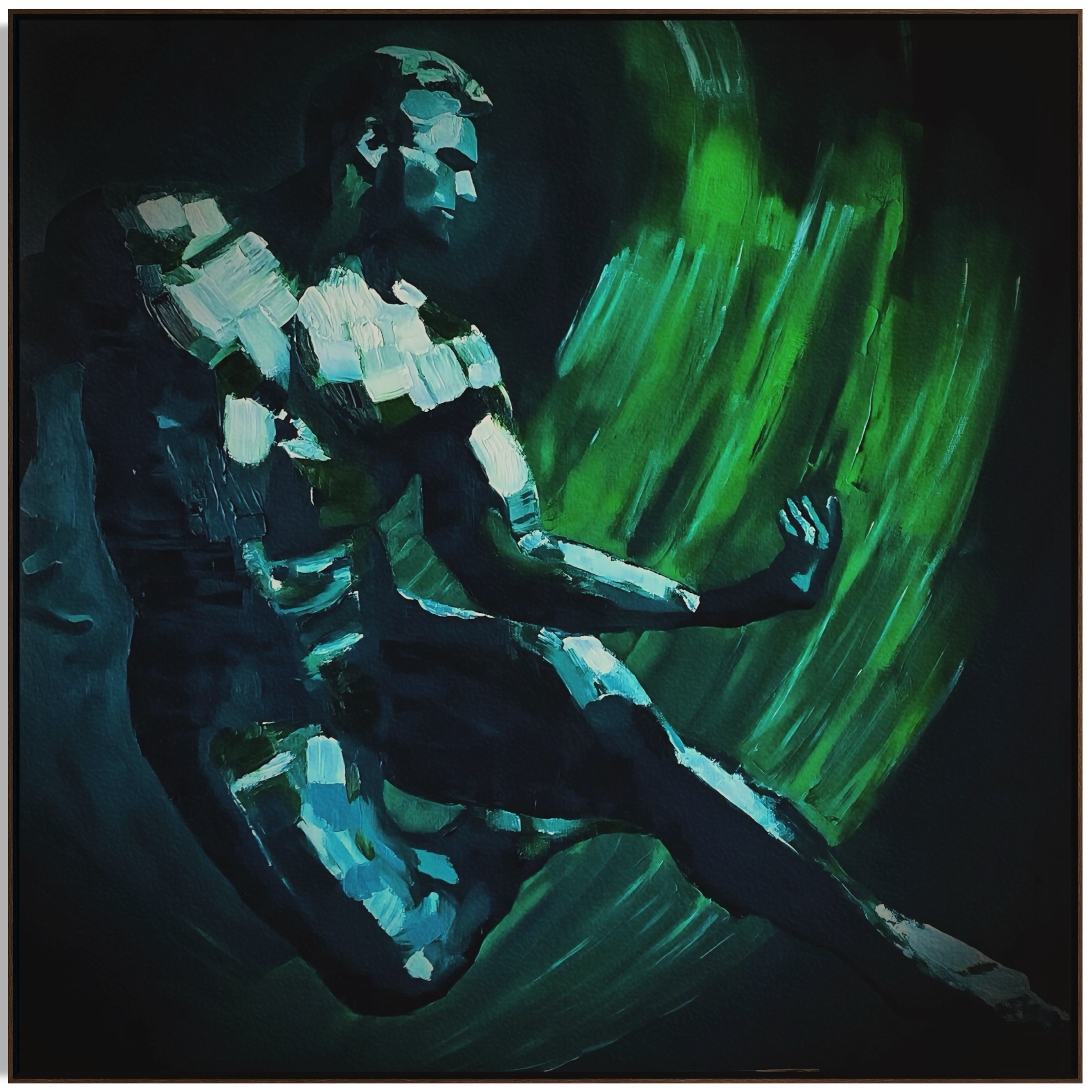 Tiago Caria, Almost Touch (after Michelangelo), 2024, oil on canvas, contemporary figurative oil painting of a fragmented male figure reaching forward, dark ground with green and blue gestural strokes, psychological tension.