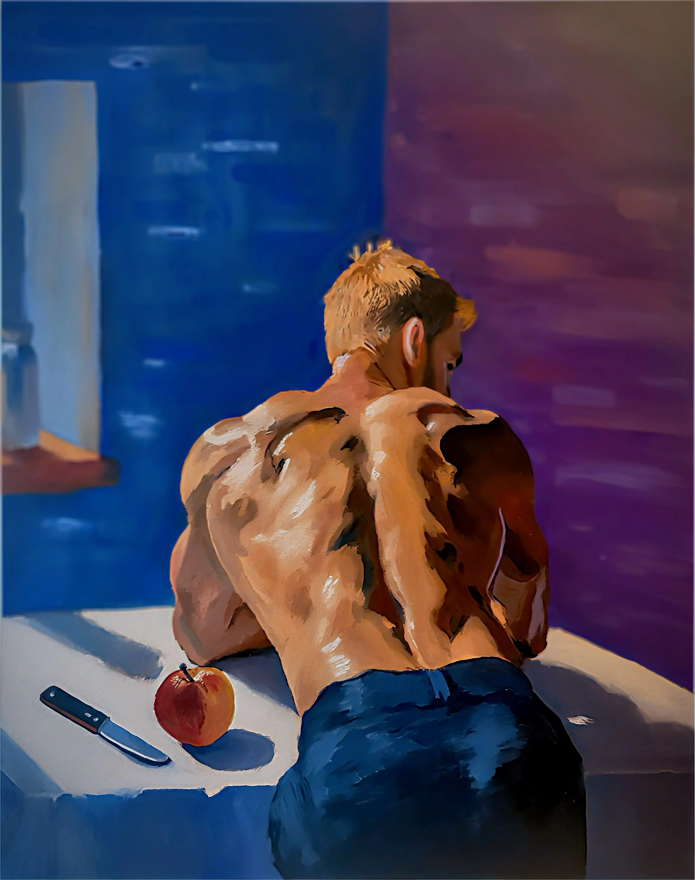 Tiago Caria, Private Eden, 2026, oil on canvas, figurative oil painting of a male head in profile, against blue-violet ground, conveying quiet psychological tension.