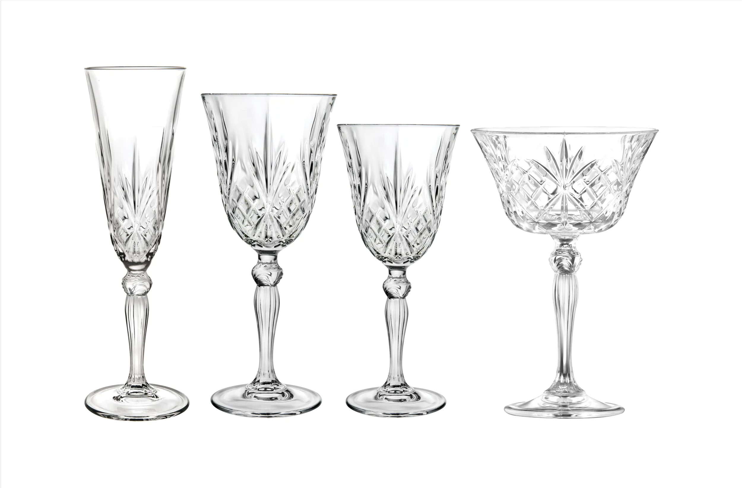 Cut Glass red wine, white wine, champagne flutes, tumblers & coupes to Hire for Weddings & Events