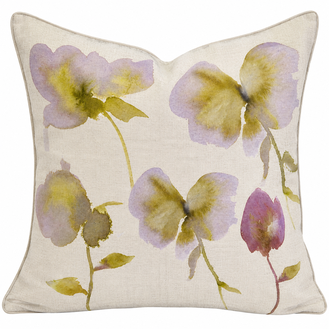 Decorative throw pillow with a watercolor butterfly and flower pattern on a beige background.