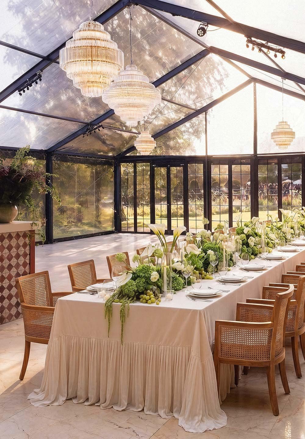 Elegant indoor event space with a long table decorated with white flowers and greenery, chandeliers hanging from a glass ceiling, and large windows showing an outdoor view.