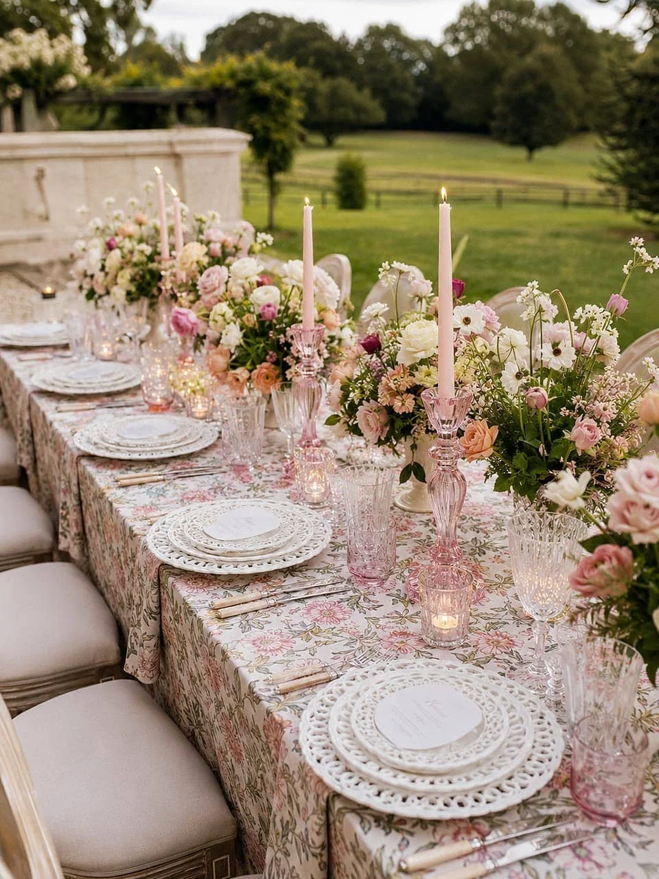 A long outdoor banquet table decorated with pink and white flowers, pink candles, and elegant tableware on a floral tablecloth, set in a lush green garden.