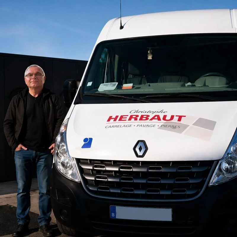 Un homme debout à côté d'un véhicule utilitaire blanc avec un logo de l'entreprise Christophe Herbaut et une mention de ses services (carrelage, pavage, pierres).