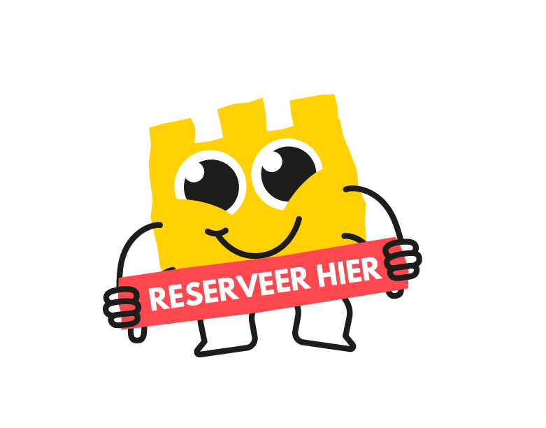 Cartoon van een geel vierkant met grote ogen, een glimlach en kleine zwarte armen en benen, die een rood bord vasthoudt met de tekst 'RESERVEER HIER'.