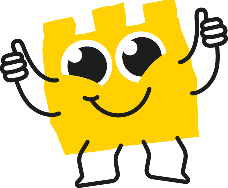 Een vrolijk gekleurde cartoon tekening van een stukje LEGO met een lachend gezicht, grote ogen en duimen omhoog.