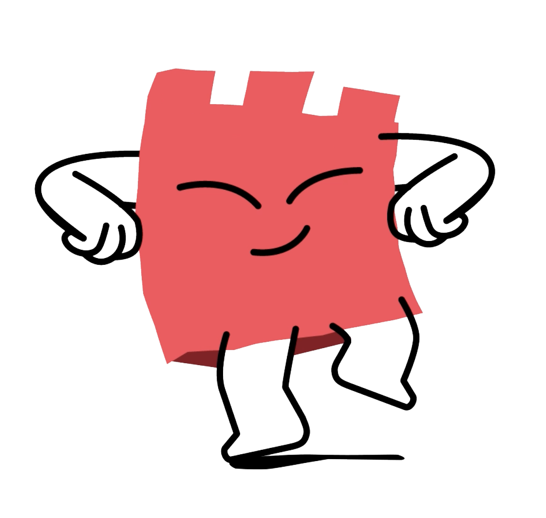 Een cartoontekening van een lachende rode vierkante doos met armen en benen, die aanwijst naar zichzelf terwijl hij glimlacht.