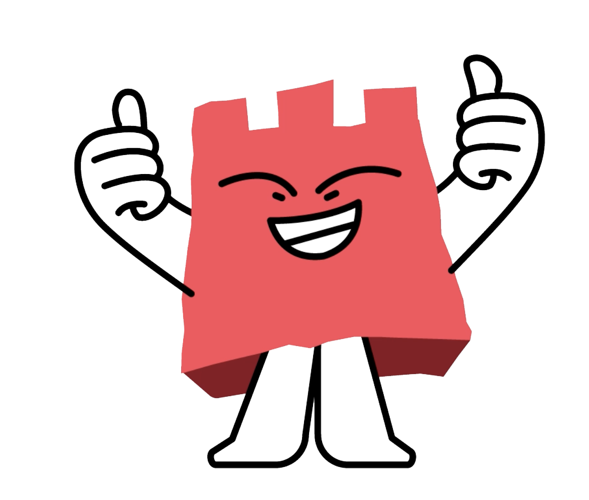 Een cartoon tekening van een lachende roze dobbelsteen met armen en benen, die twee duimen omhoog houdt.