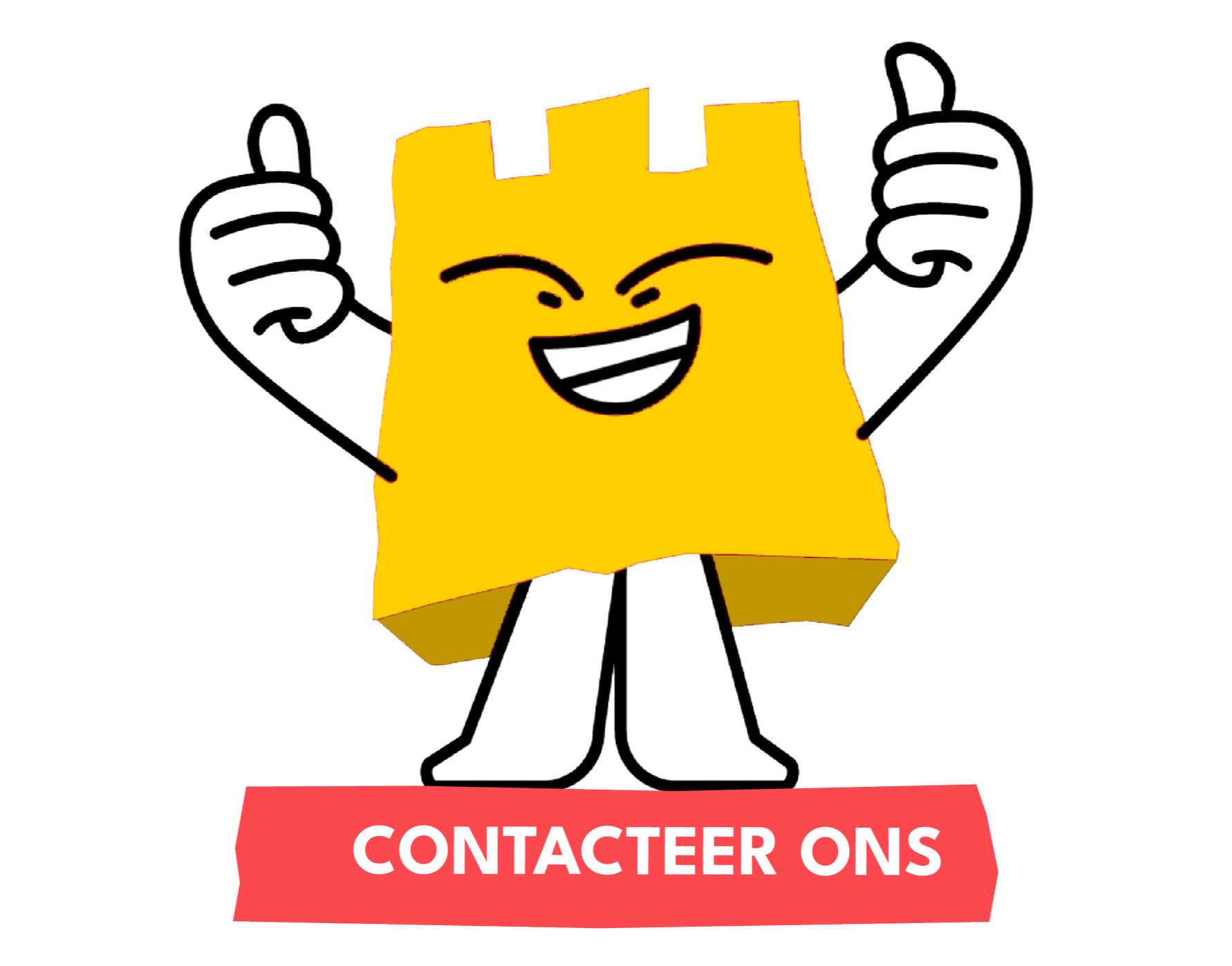 Een cartoontekening van een gezicht met een lachende, gele doos met gezichtsuitdrukking, armen, benen en schoenen, die de tekst 'CONTACTEER ONS' vasthoudt.