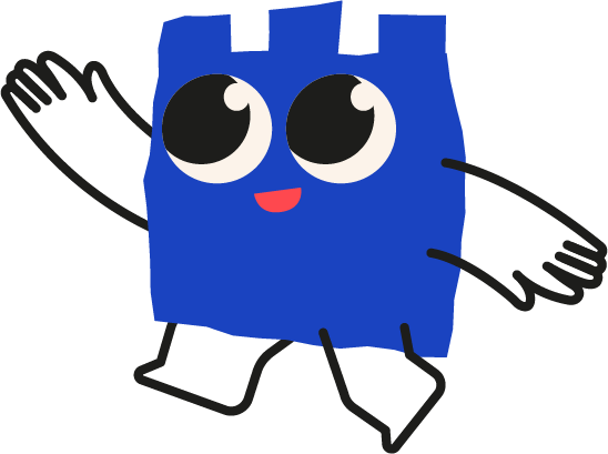 Een cartoonfiguurtje in de vorm van een blok van LEGO met grote ogen, een lach en uitgestrekte armen.