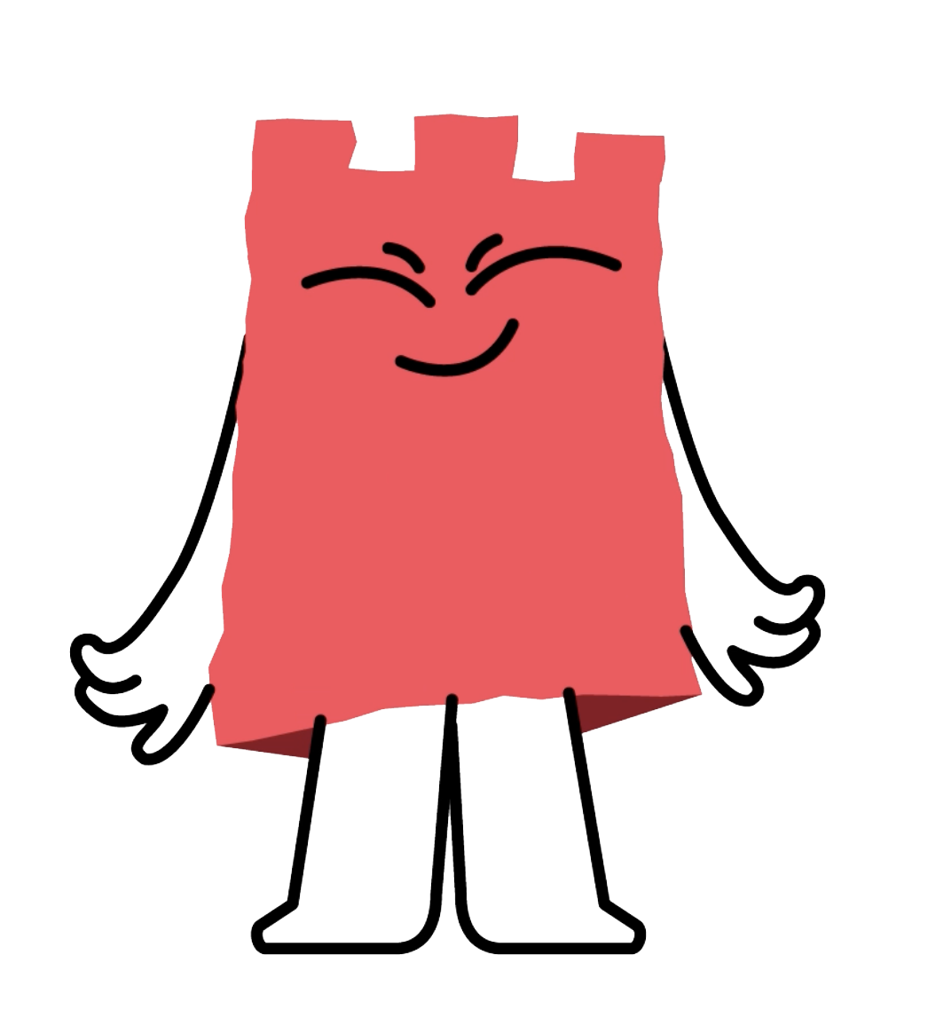 Een tekening van een lachende tekenfilm hamburger met armen en benen, een gezicht met gesloten ogen en een glimlach.