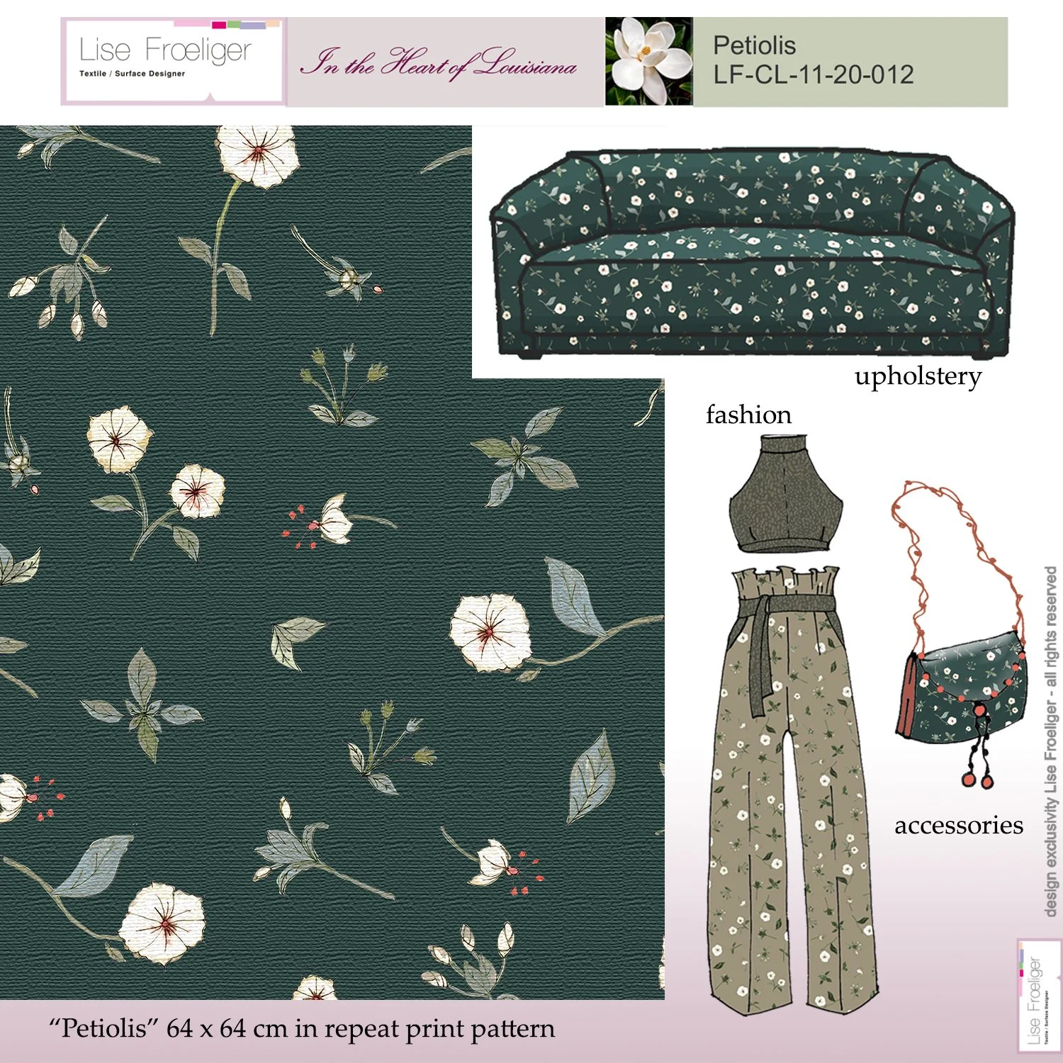 Échantillon de tissu avec motif floral Petiolis, couleurs vert foncé, blanc et beige, comprenant aussi des croquis de mobilier et accessoires assortis, tels qu'un canapé, une robe, un pantalon, un sac à bandoulière, et une mention du motif en rappel de 64x64 cm.