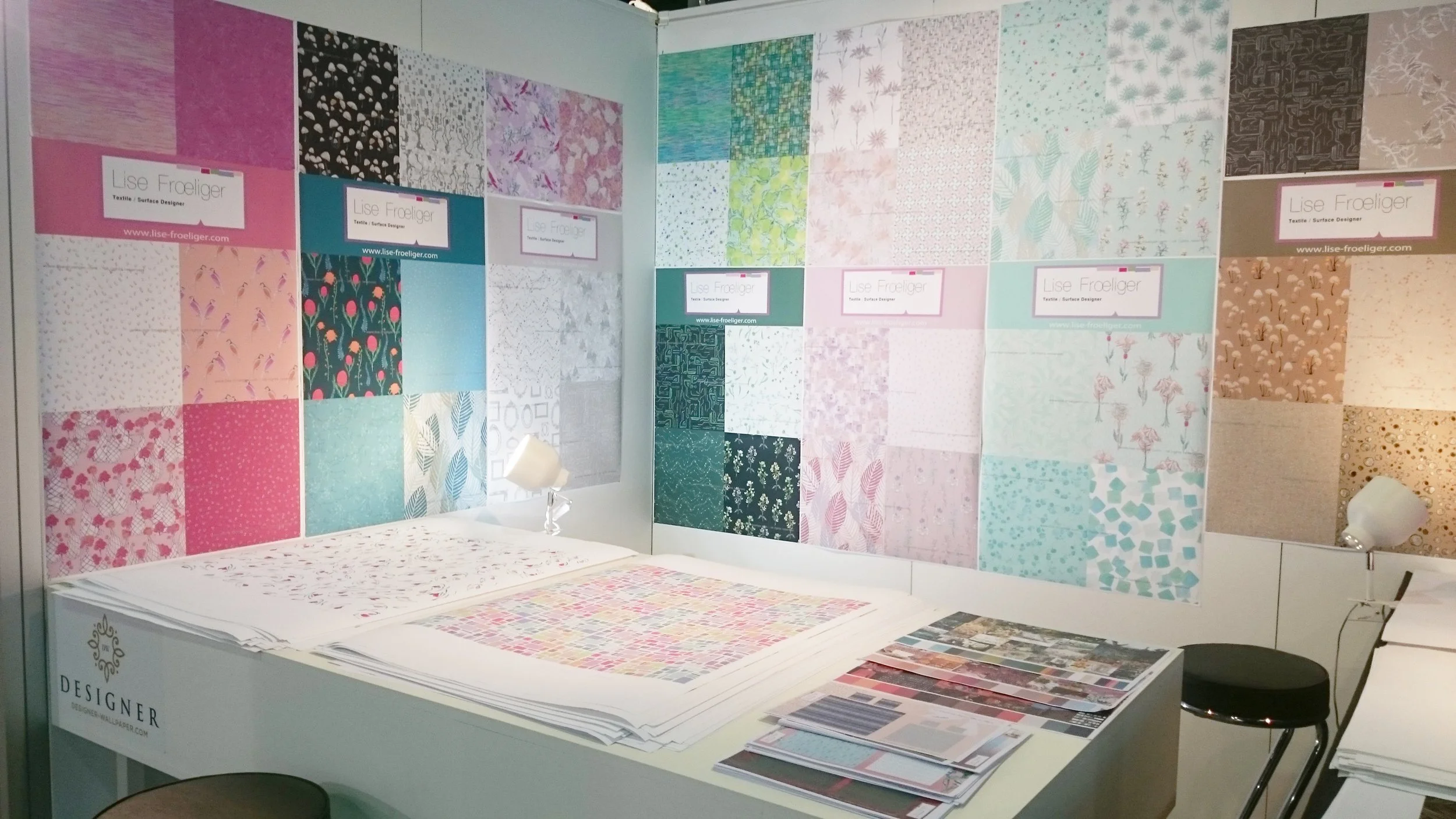 Patterns display on a booth at textile fair.