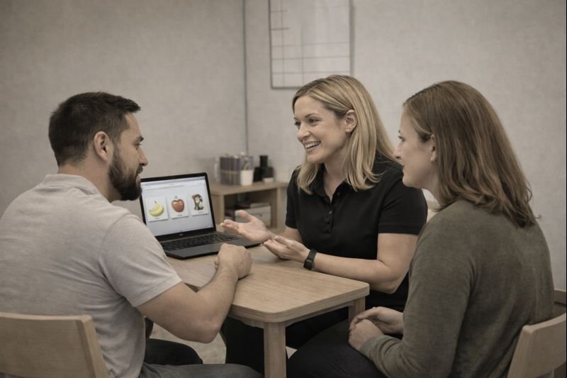 Three people sitting at a table in an office, engaged in a discussion. A man with a beard and a white shirt is on the left, a woman with blonde hair and a black shirt is in the middle, speaking and gesturing with her hands, and another woman with shoulder-length brown hair and a gray sweater is on the right. A laptop displaying images of a banana, apple, and teddy bear is in front of them.