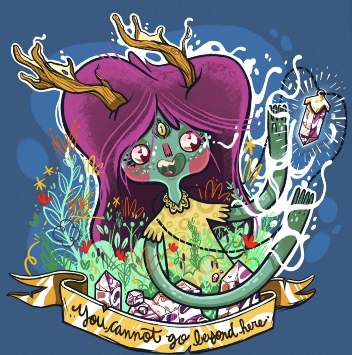 A colorful illustration of a fantasy creature with a green body, purple hair, antler-like horns, and big expressive eyes. The creature is surrounded by plants, crystals, and abstract designs, with a banner at the bottom that reads, 'You do not go beyond here.'