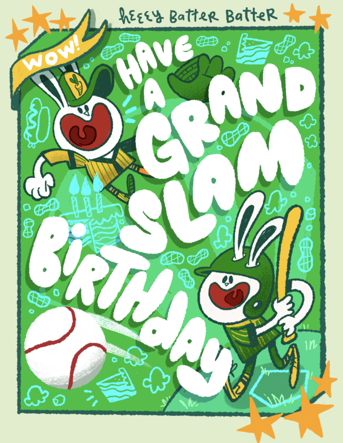Colorful illustration featuring two animated rabbits dressed in baseball gear, holding baseball bats, with a large baseball in the foreground. The background includes various sports-related doodles and the text 'Have a Great Baseball' with decorative