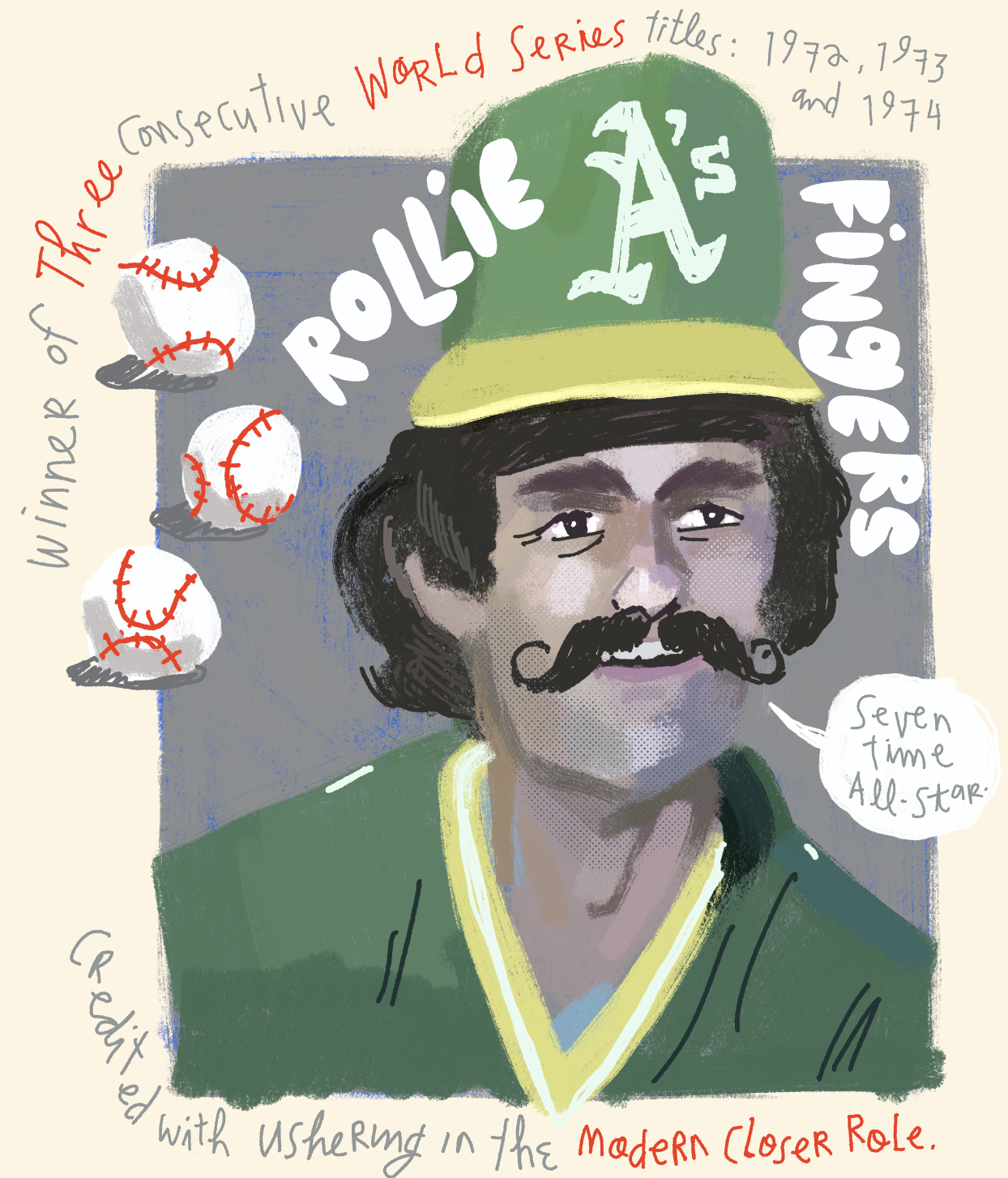 Colorful illustration of a baseball player wearing a green helmet with a yellow brim and a letter A. The player has a mustache, dark hair, and is smiling. There are three baseballs with red stitching on his left side. Handwritten text around the imag