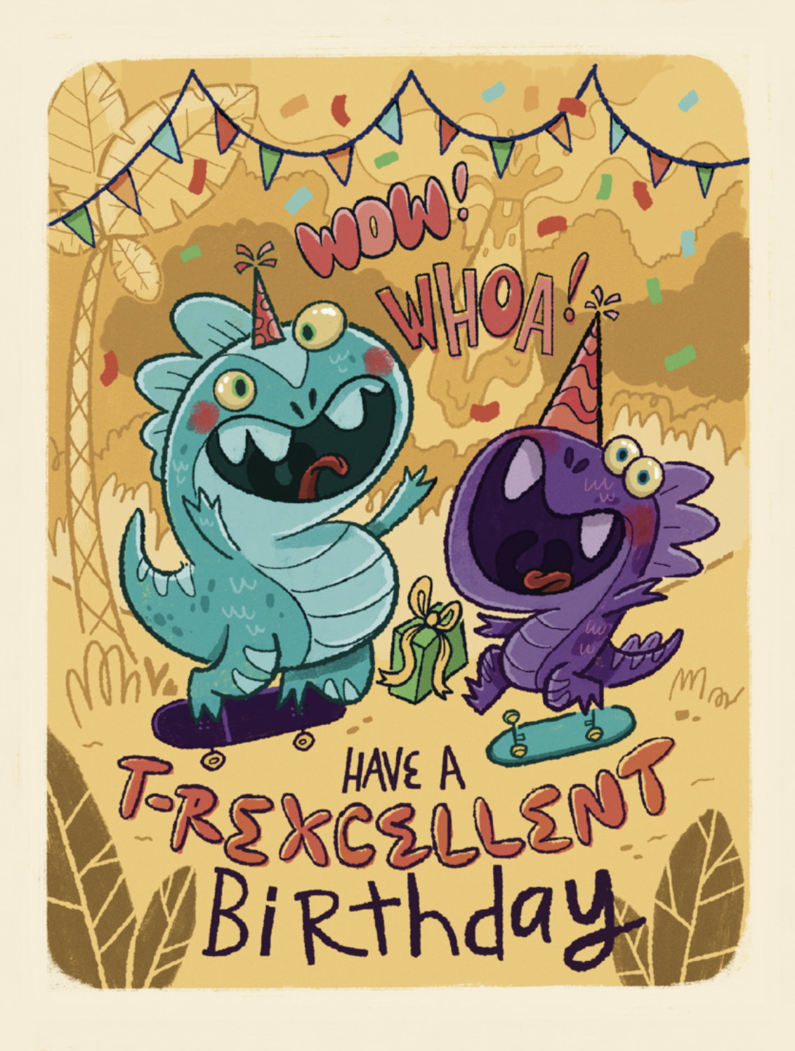 Colorful birthday card featuring two cartoon dragons wearing party hats, confetti, and banners. The dragons are on skateboards, with one holding a gift. Text reads, 'Wow! Whoa! Have a t-rexcellent birthday!'