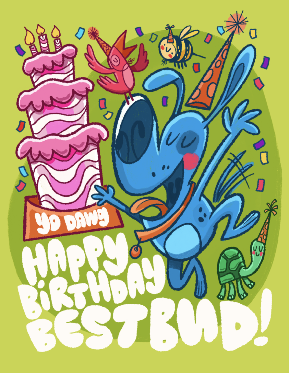 A colorful birthday card illustration featuring a blue dinosaur with a party hat, a pink bird with a party hat, a cute bee with a party hat, a tall birthday cake with pink frosting and candles, and a small green dinosaur with a party hat. The backgro
