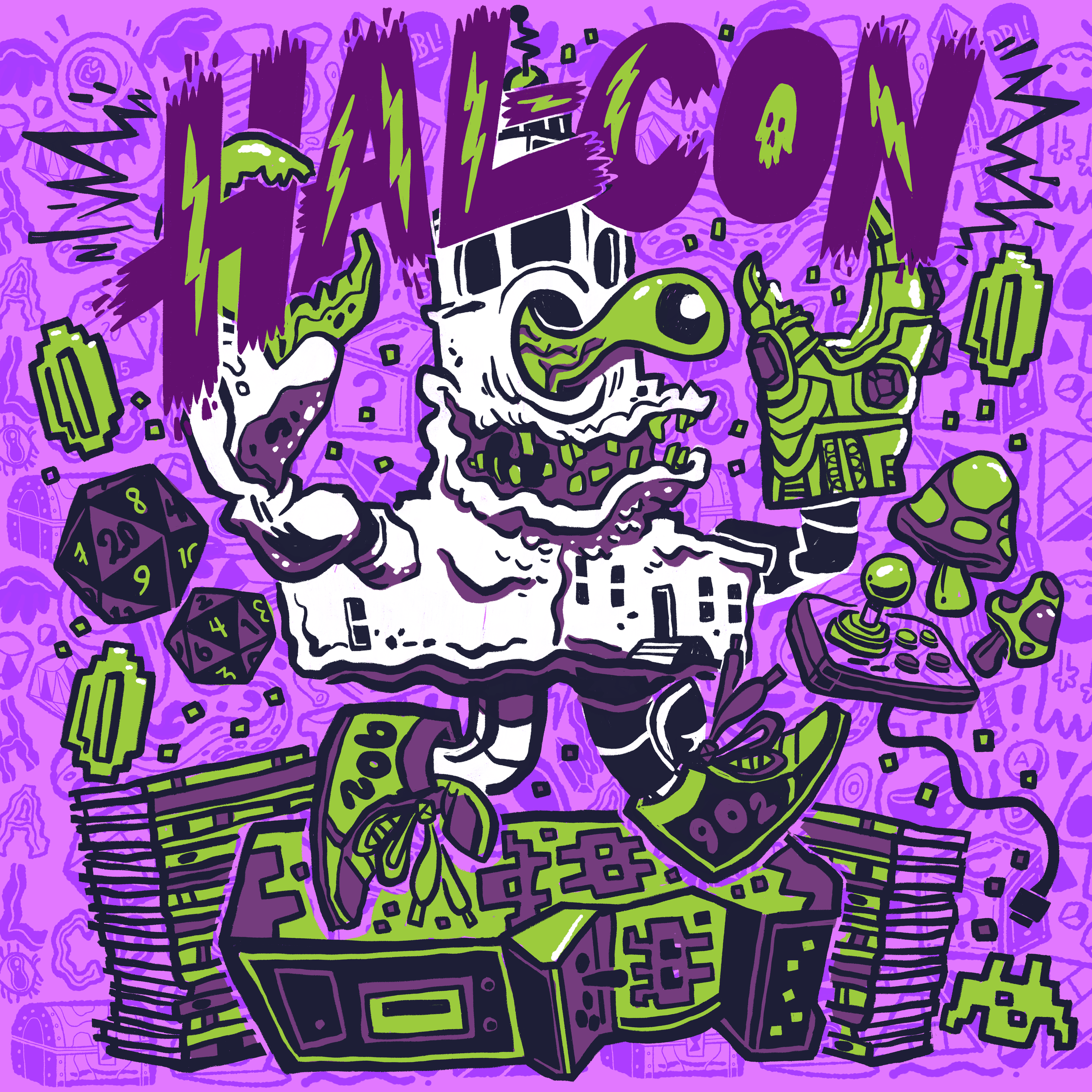 A colorful, graffiti-style illustration of a skeleton with an alien head playing Dungeons & Dragons, surrounded by dice and gaming elements, with a purple background.