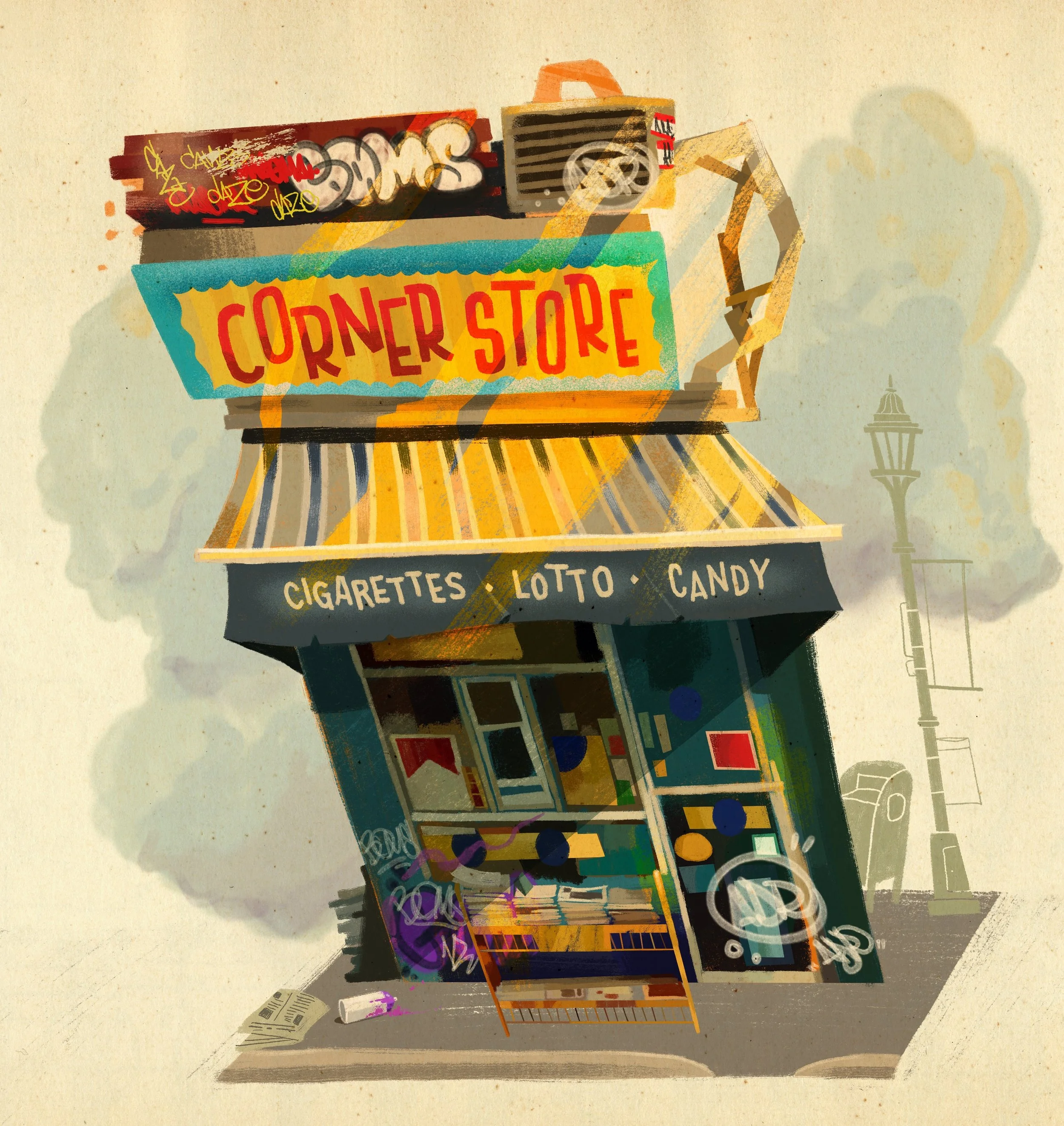 Artistic illustration of a street corner with a candy, cigarette, lotto, and comic book store sign, and an empty shopping cart on the sidewalk.