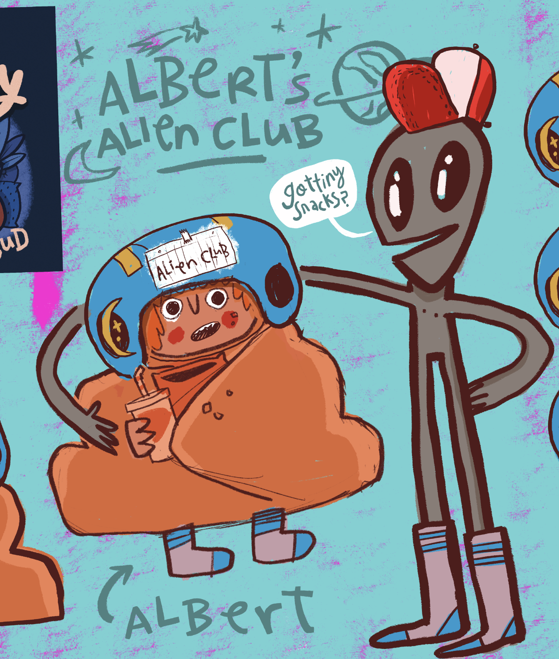 A drawing of two characters from the alien club: a girl named Albert, wearing a blue space helmet and an orange blanket, sitting with a cup, and a tall gray alien with red antennae, smiling and pointing at her, asking if she's getting snacks. The bac