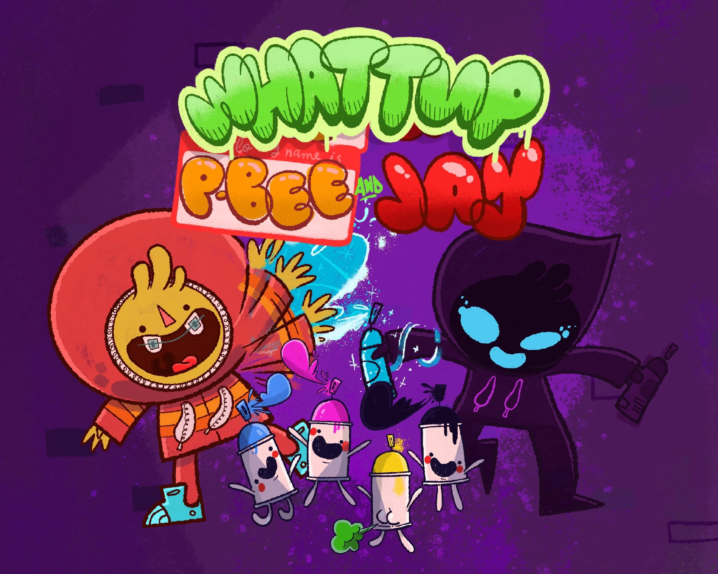 Colorful graffiti-style illustration with the words 'wasted, free, and loud' in large, vibrant letters on a dark purple background. Cartoon characters are holding drinks, with some raising their hands and others enjoying themselves. The whole scene h