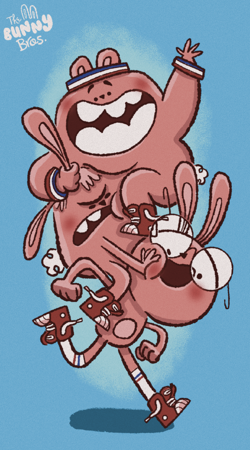 An animated scene of a happy pink bunny character wearing a headband and wristbands, holding a magnifying glass, with a bunny-shaped balloon, running with a joyful expression against a blue background. The text 'The On Bunny Bros.' appears in the upp