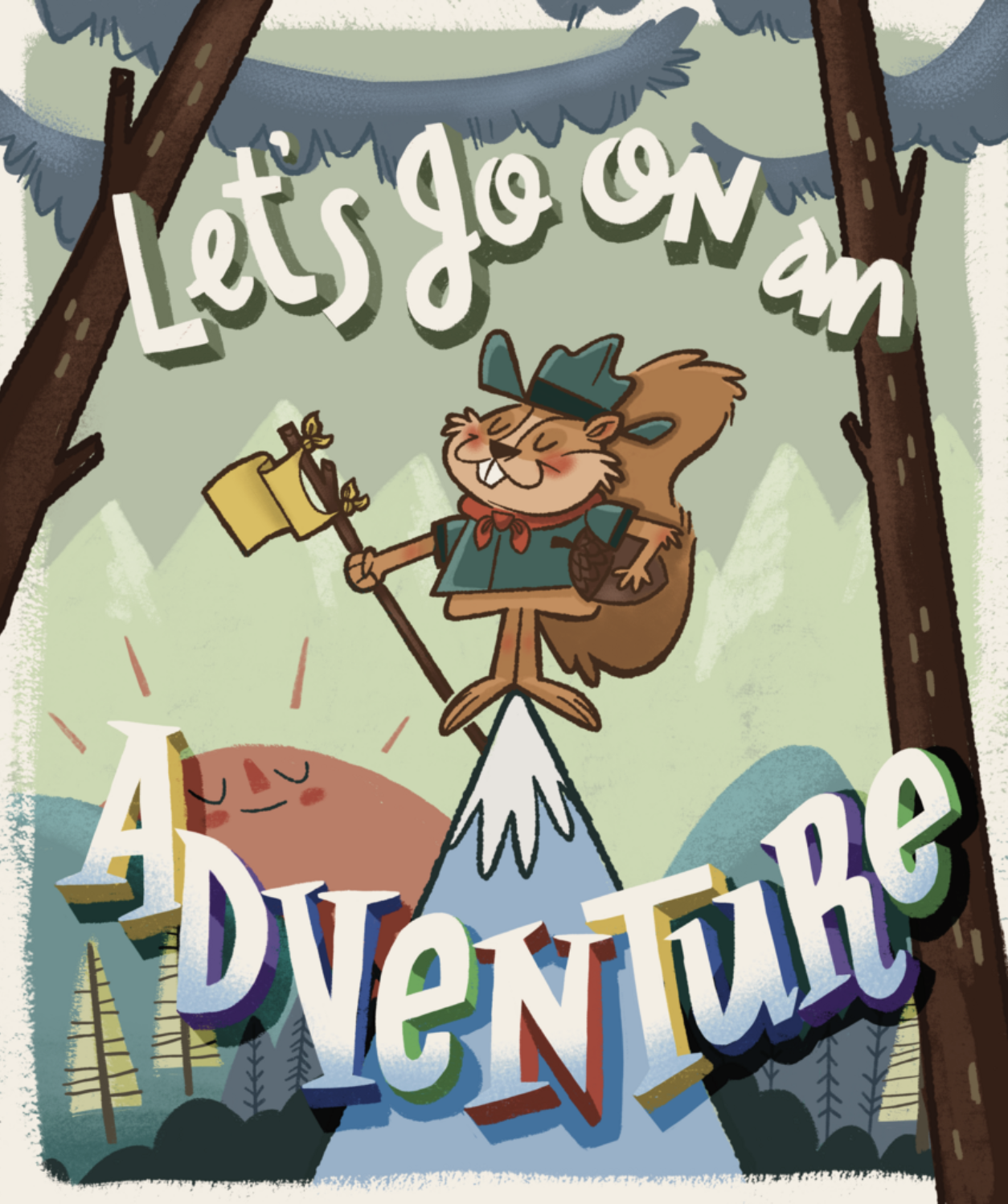 Cartoon of a cheerful mountain climber with a beard, wearing a cap and a backpack, standing on top of a mountain and holding an axe. The climber is smiling with eyes closed. There is a smiling sun shining in the background, surrounded by trees and mo