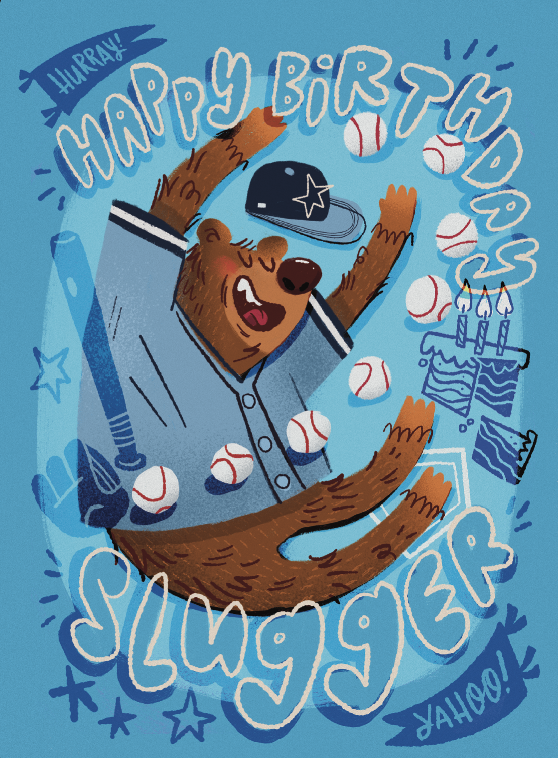 A cartoon illustration of a bear celebrating a birthday. The bear is wearing a baseball cap and a sports jersey, surrounded by baseballs, a birthday cake with candles, and decorative stars and text that says 'HAPPY BIRTHDAY SLUGGER'. The bear appears