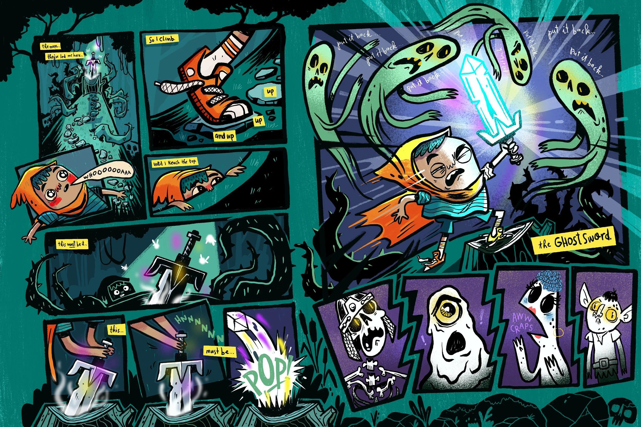 A comic-style illustration of a young person with orange hair and glasses holding a glowing sword in a dark, spooky forest filled with strange creatures. Includes various panels with text describing an adventure to reach the top of a mountain to find