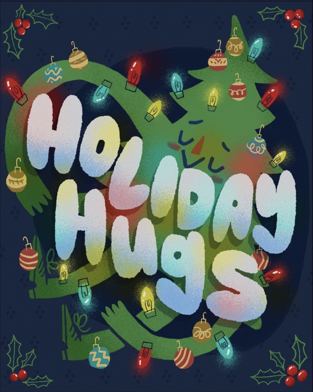 Colorful digital illustration with a green Christmas wreath, decorated with colorful Christmas lights, ornaments, holly leaves, and berries. The words 'HO! HO! HO!' are prominently displayed in the center in a playful font.
