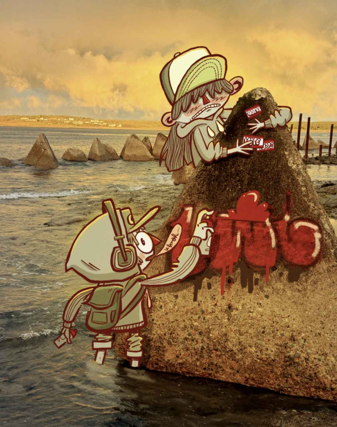 A digital collage combining cartoon characters and a photograph of a beach with rocks, water, a sunset, and a distant shoreline. The cartoon characters appear to be interacting with graffiti on a large rock, with one character writing on the rock, an