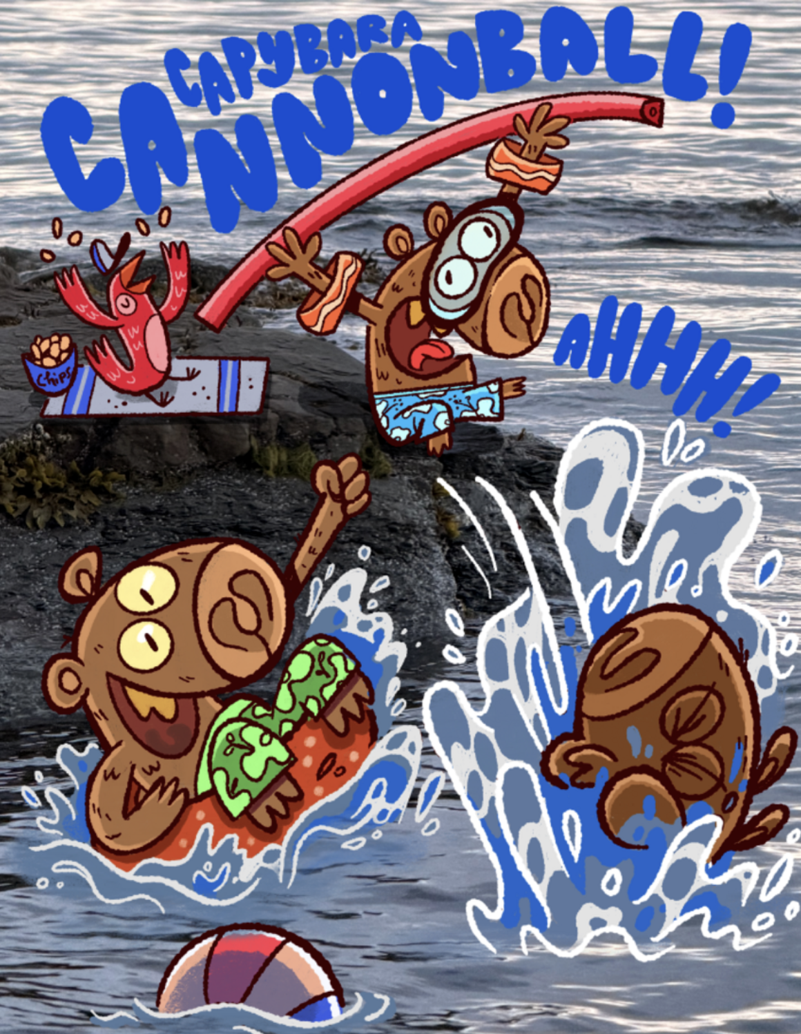 Cartoon monkeys and a crab having fun and splashing in the water at the beach, with colorful text and sound effects.