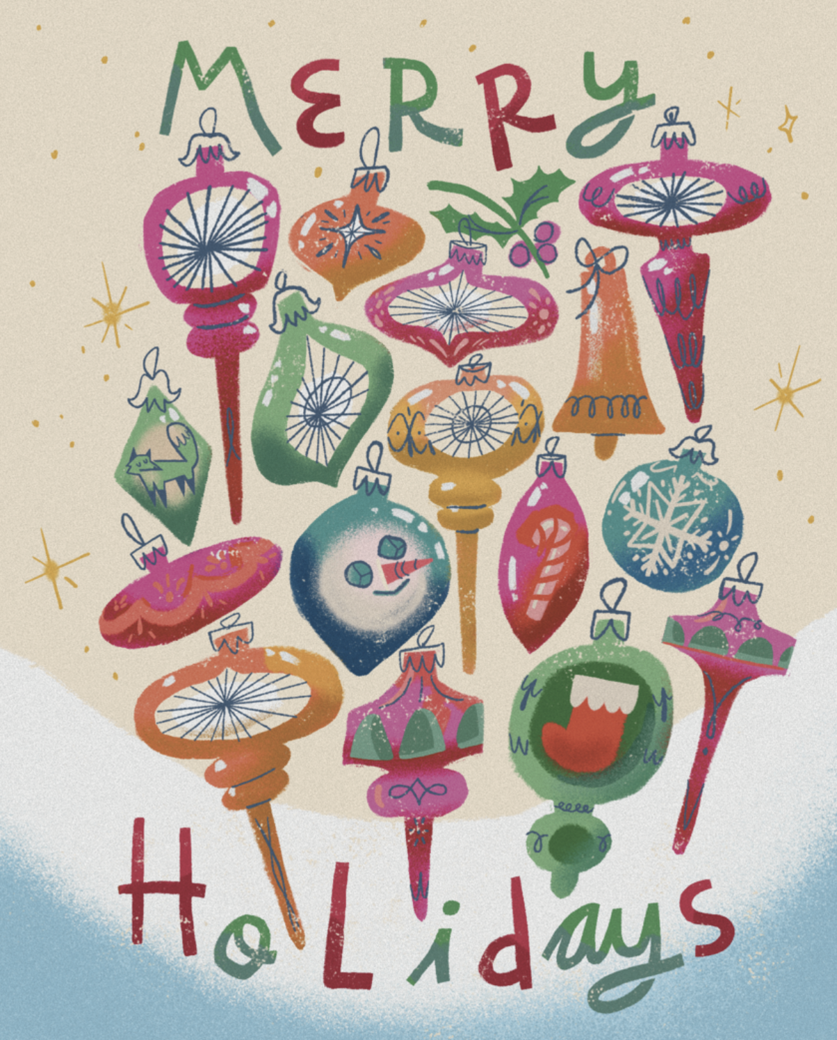 Colorful Christmas ornaments clustered together with the words "MERRY HOLIDAYS" written above.