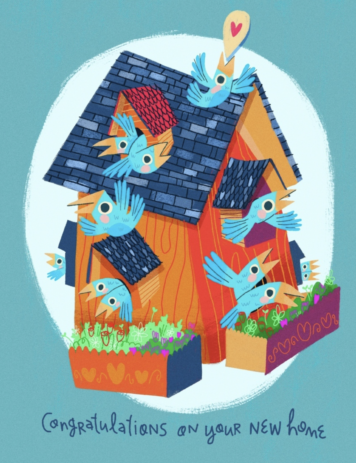 A colorful illustration of a new house with a wooden exterior, surrounded by flower boxes filled with flowers, and blue birds flying around it, with a message saying 'Congratulations on your new home' at the bottom.