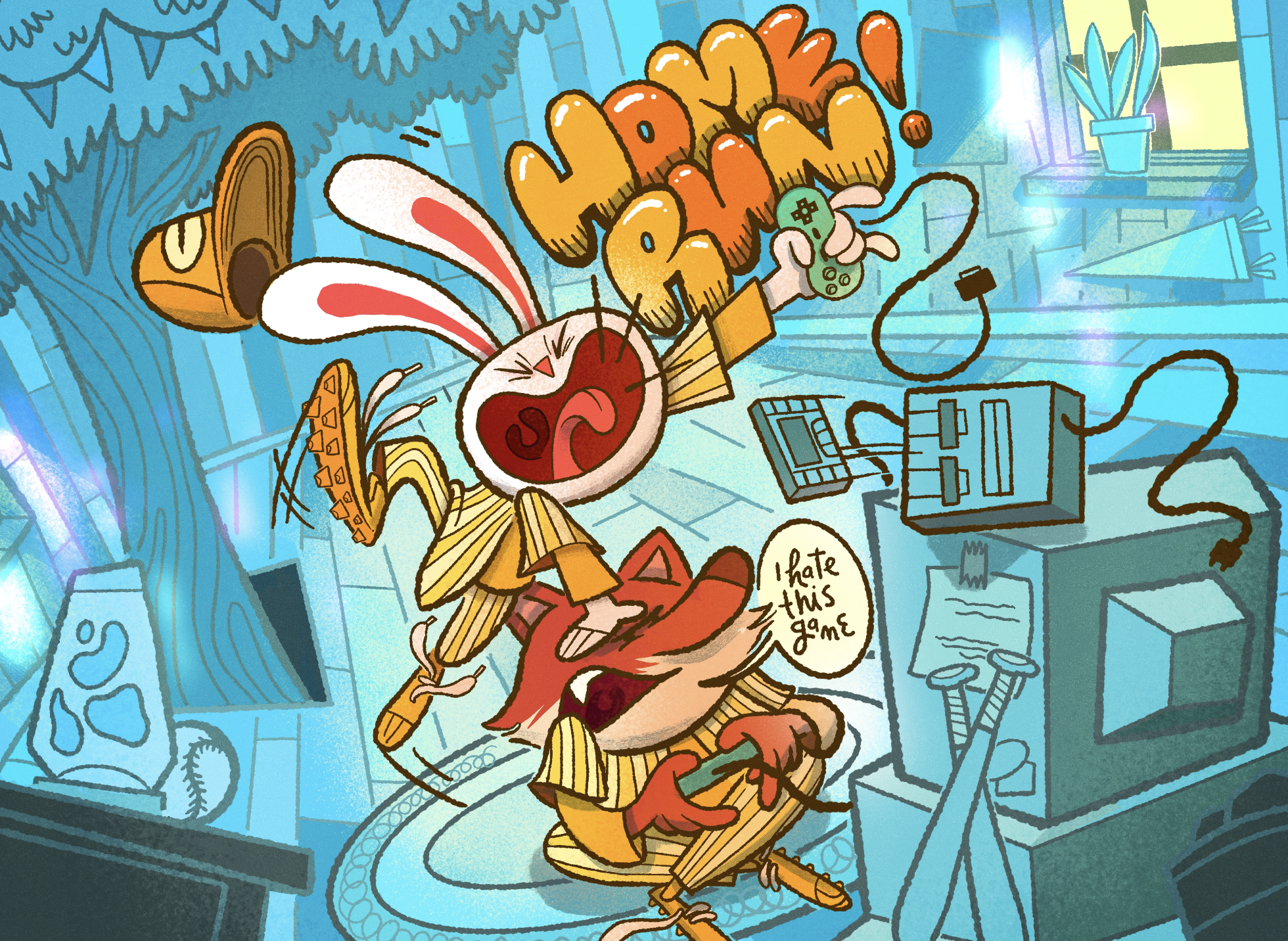 Cartoon illustration of a person dressed as a rabbit sitting at a desk playing a video game with a controller in hand. The background is filled with colorful doodles and objects, including a plant on a shelf, a lamp, and scattered papers. A speech bu