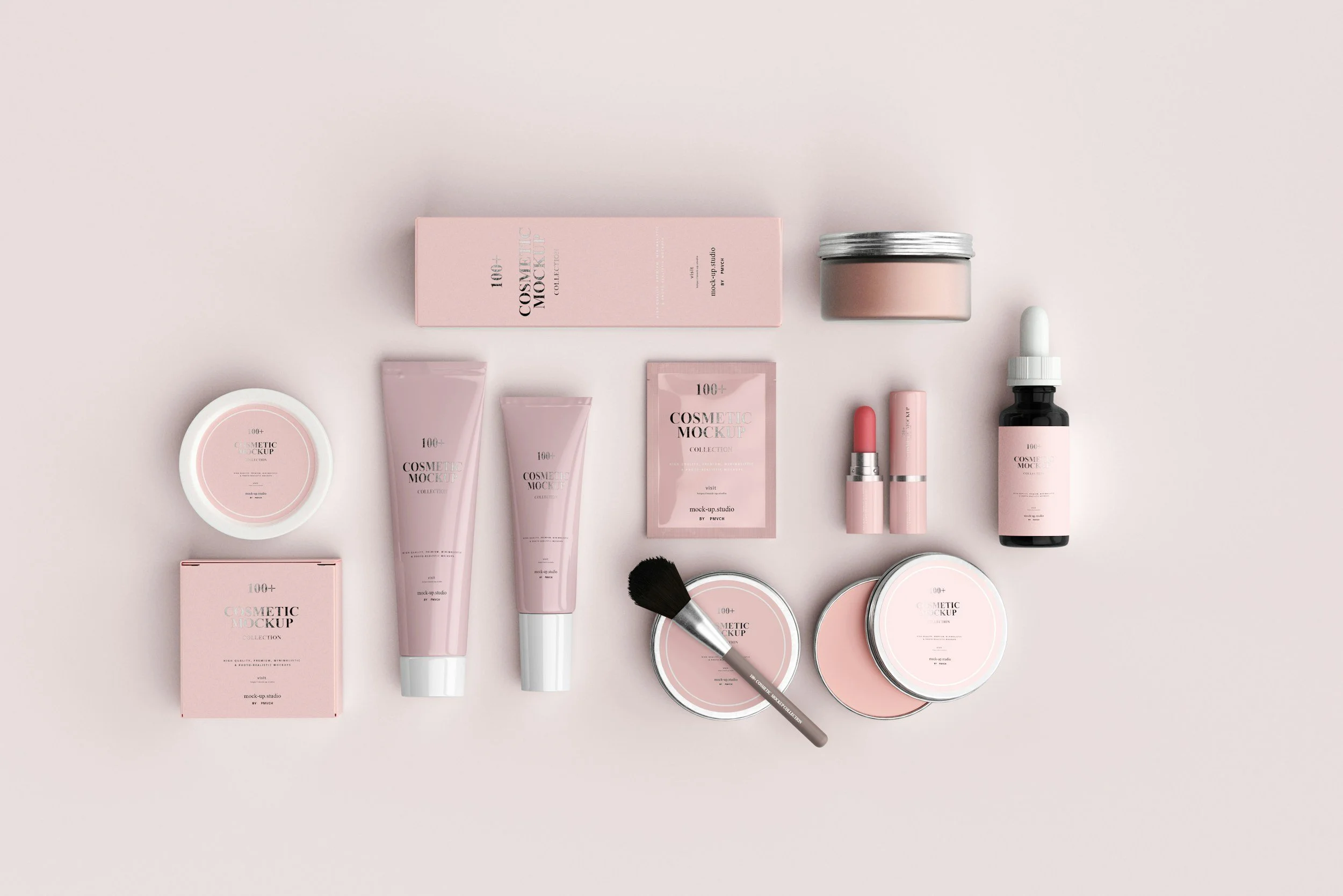 Flat lay of various pink-colored cosmetics and skincare products on a light pink background, including jars, tubes, a dropper bottle, a lipstick, and makeup brushes.