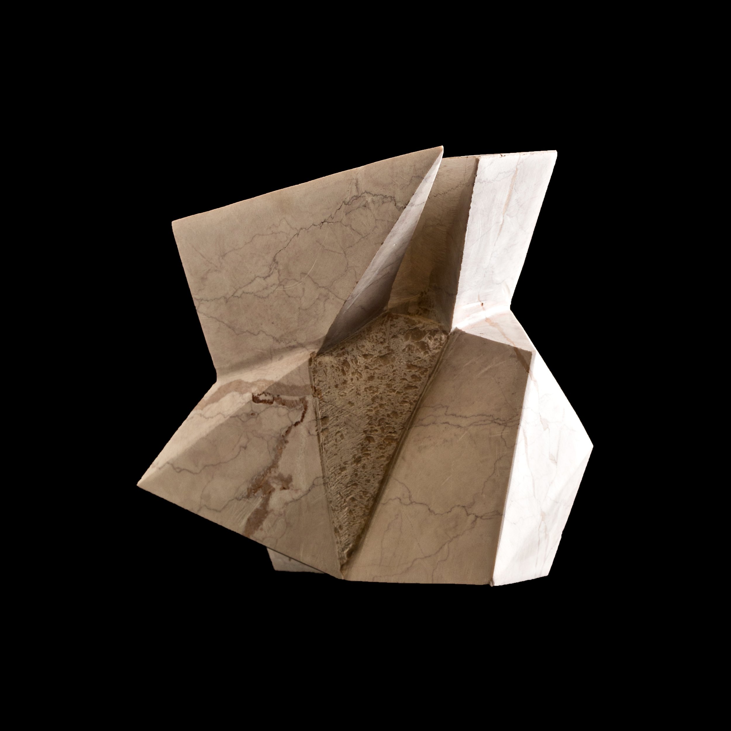 Open marble box with beige and pink veining on a black background.